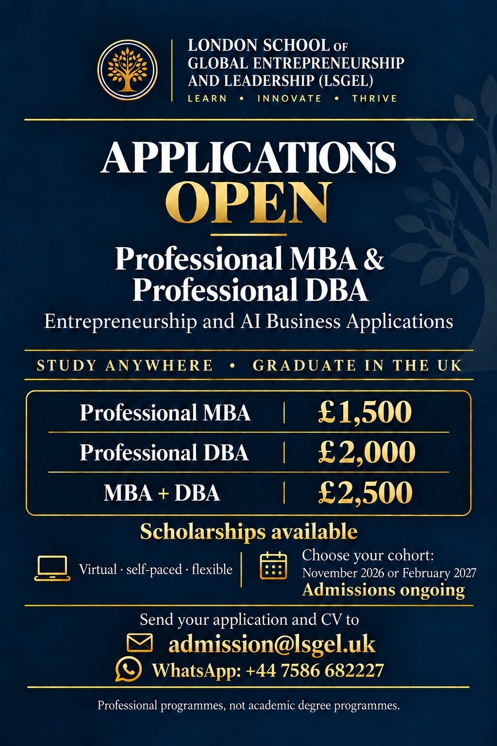 LSGEL Professional MBA and DBA applications poster, with programme fees and November 2026 and February 2027 cohorts